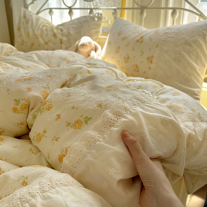 91家纺网 家纺一手货源 找家纺 （总）思诺羽床笠 2025新款A类法式小清新皱皱纱花边蕾丝水洗棉床上四件套宿舍床笠三件套