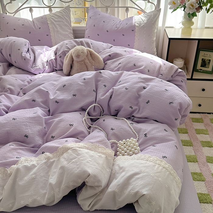 91家纺网 家纺一手货源 找家纺 思诺羽床笠 2025新款A类法式小清新皱皱纱花边蕾丝水洗棉床上四件套宿舍床笠三件套 紫色浪漫