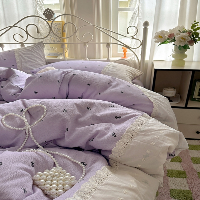 91家纺网 家纺一手货源 找家纺 思诺羽床笠 2025新款A类法式小清新皱皱纱花边蕾丝水洗棉床上四件套宿舍床笠三件套 紫色浪漫