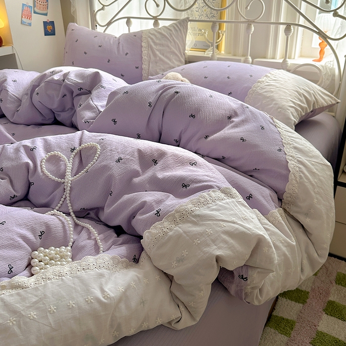 91家纺网 家纺一手货源 找家纺 思诺羽床笠 2025新款A类法式小清新皱皱纱花边蕾丝水洗棉床上四件套宿舍床笠三件套 紫色浪漫