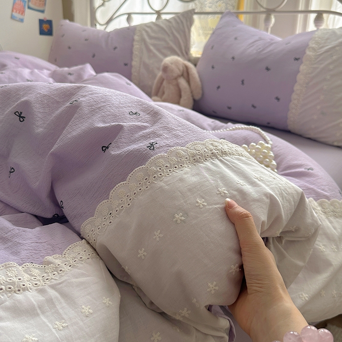91家纺网 家纺一手货源 找家纺 思诺羽床笠 2025新款A类法式小清新皱皱纱花边蕾丝水洗棉床上四件套宿舍床笠三件套 紫色浪漫