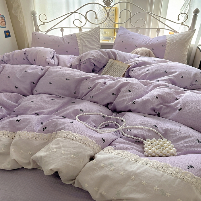 91家纺网 家纺一手货源 找家纺 思诺羽床笠 2025新款A类法式小清新皱皱纱花边蕾丝水洗棉床上四件套宿舍床笠三件套 紫色浪漫