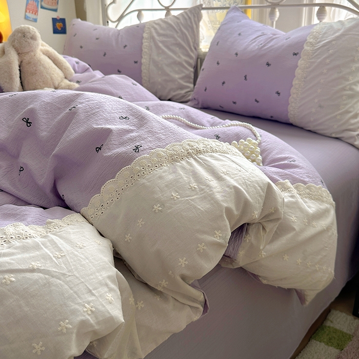 思诺羽床笠 2025新款A类法式小清新皱皱纱花边蕾丝水洗棉床上四件套宿舍床笠三件套 紫色浪漫