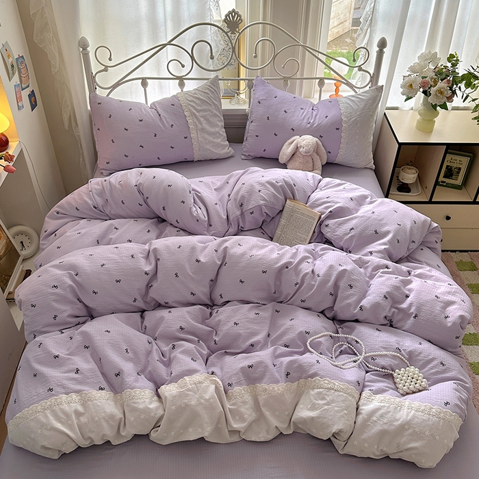 91家纺网 家纺一手货源 找家纺 思诺羽床笠 2025新款A类法式小清新皱皱纱花边蕾丝水洗棉床上四件套宿舍床笠三件套 紫色浪漫