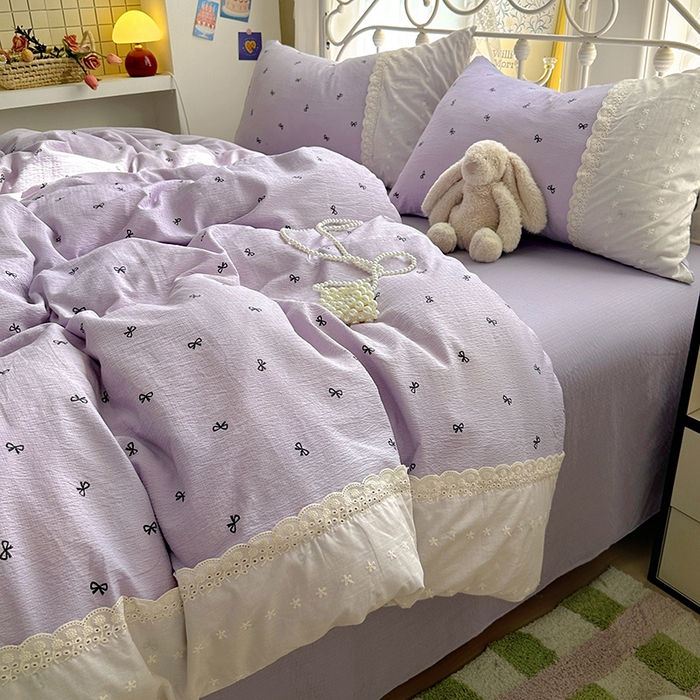 91家纺网 家纺一手货源 找家纺 思诺羽床笠 2025新款A类法式小清新皱皱纱花边蕾丝水洗棉床上四件套宿舍床笠三件套 紫色浪漫