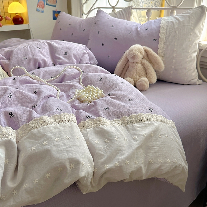 91家纺网 家纺一手货源 找家纺 思诺羽床笠 2025新款A类法式小清新皱皱纱花边蕾丝水洗棉床上四件套宿舍床笠三件套 紫色浪漫