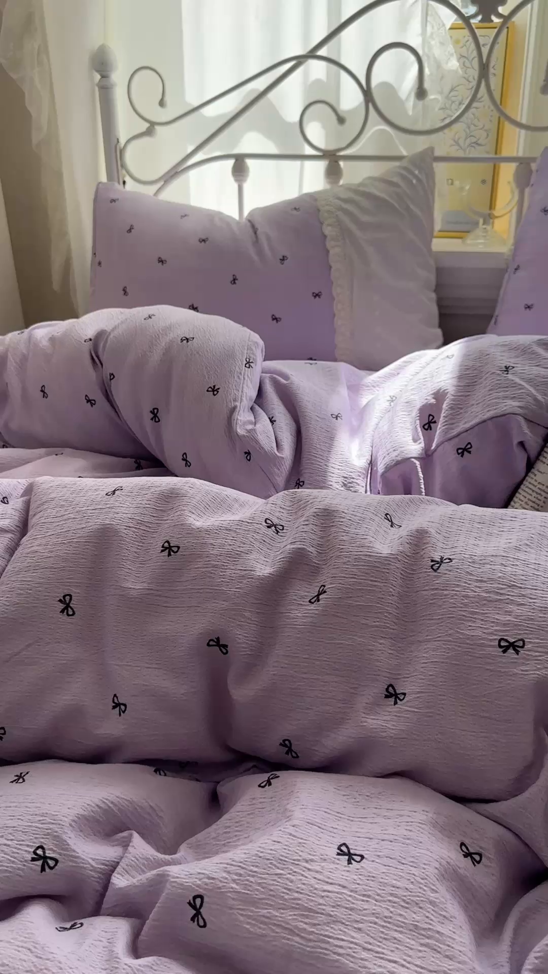 91家纺网 家纺一手货源 找家纺 思诺羽床笠 2025新款A类法式小清新皱皱纱花边蕾丝水洗棉床上四件套宿舍床笠三件套 紫色浪漫