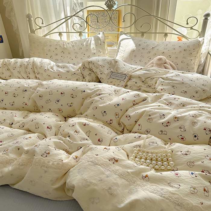 91家纺网 家纺一手货源 找家纺 思诺羽床笠 2025新款A类法式小清新皱皱纱花边蕾丝水洗棉床上四件套宿舍床笠三件套 兔兔世界