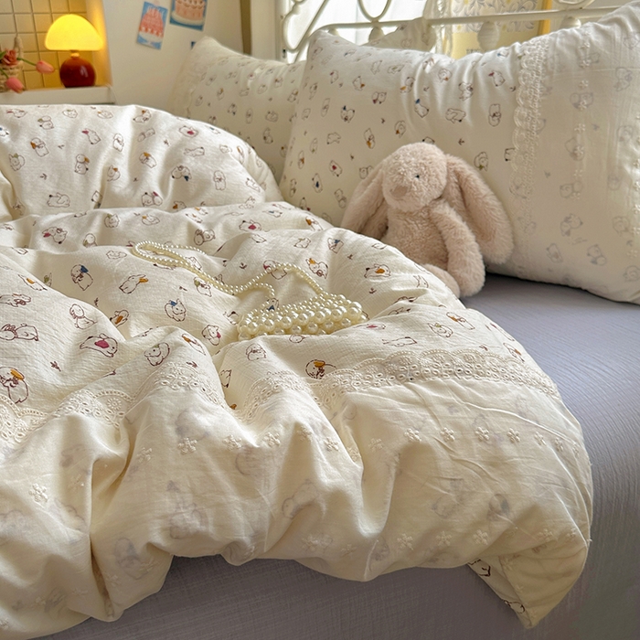 91家纺网 家纺一手货源 找家纺 思诺羽床笠 2025新款A类法式小清新皱皱纱花边蕾丝水洗棉床上四件套宿舍床笠三件套 兔兔世界