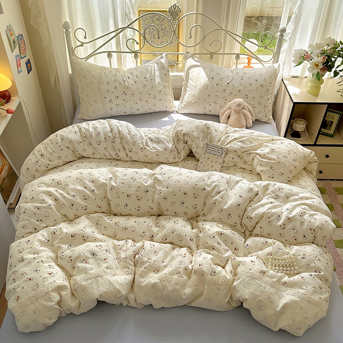 91家纺网 家纺一手货源 找家纺 思诺羽床笠 2025新款A类法式小清新皱皱纱花边蕾丝水洗棉床上四件套宿舍床笠三件套 兔兔世界