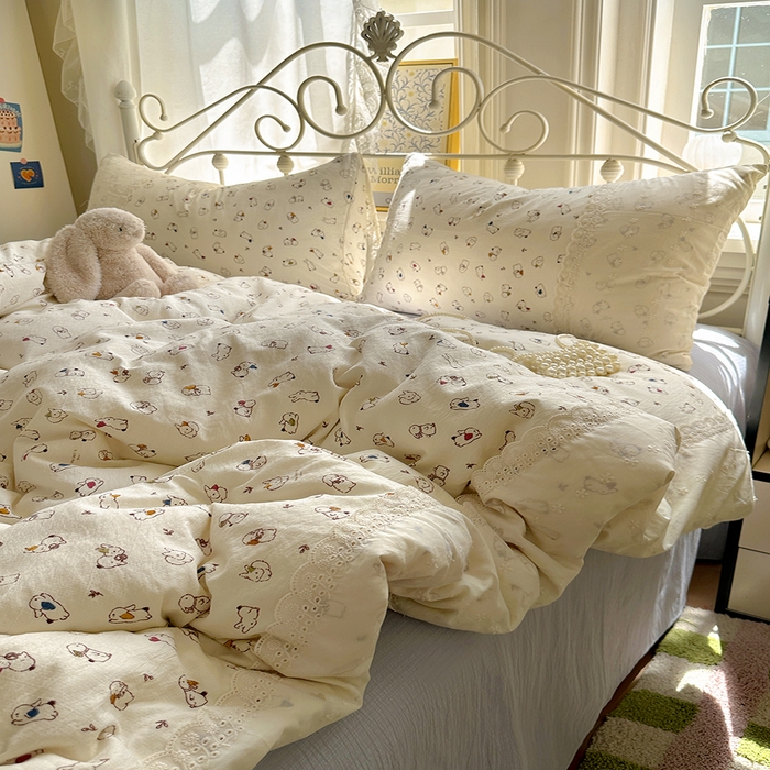 91家纺网 家纺一手货源 找家纺 思诺羽床笠 2025新款A类法式小清新皱皱纱花边蕾丝水洗棉床上四件套宿舍床笠三件套 兔兔世界