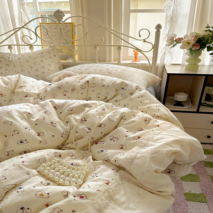 91家纺网 家纺一手货源 找家纺 思诺羽床笠 2025新款A类法式小清新皱皱纱花边蕾丝水洗棉床上四件套宿舍床笠三件套 兔兔世界