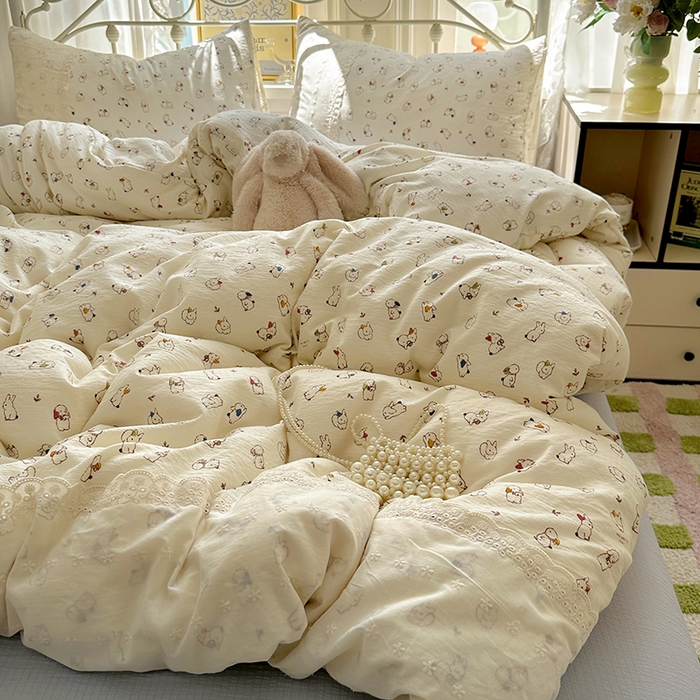 91家纺网 家纺一手货源 找家纺 思诺羽床笠 2025新款A类法式小清新皱皱纱花边蕾丝水洗棉床上四件套宿舍床笠三件套 兔兔世界