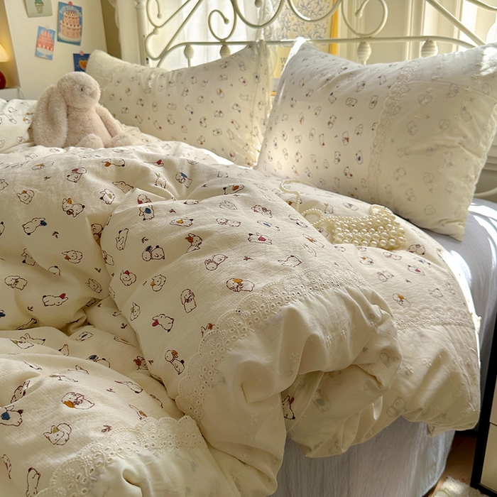 思诺羽床笠 2025新款A类法式小清新皱皱纱花边蕾丝水洗棉床上四件套宿舍床笠三件套 兔兔世界