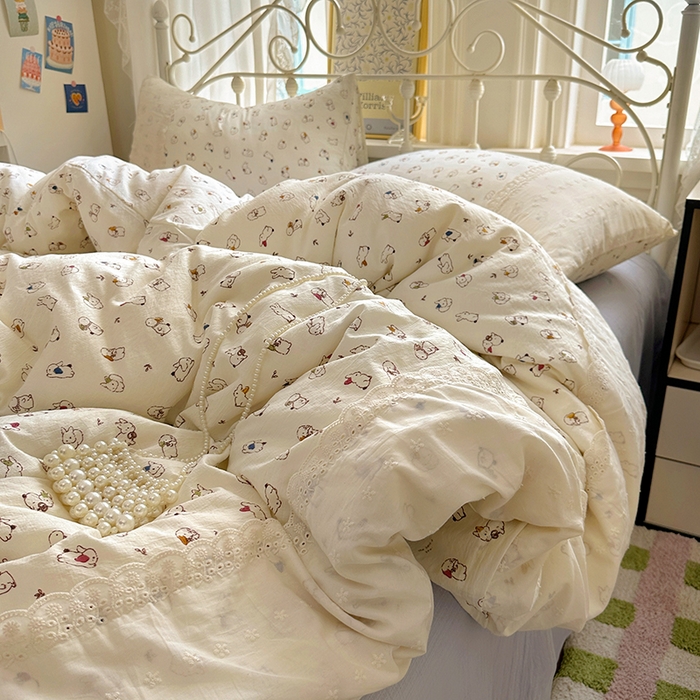 91家纺网 家纺一手货源 找家纺 思诺羽床笠 2025新款A类法式小清新皱皱纱花边蕾丝水洗棉床上四件套宿舍床笠三件套 兔兔世界