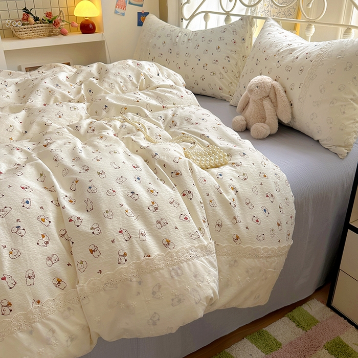 91家纺网 家纺一手货源 找家纺 思诺羽床笠 2025新款A类法式小清新皱皱纱花边蕾丝水洗棉床上四件套宿舍床笠三件套 兔兔世界