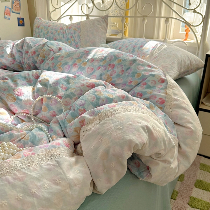 91家纺网 家纺一手货源 找家纺 思诺羽床笠 2025新款A类法式小清新皱皱纱花边蕾丝水洗棉床上四件套宿舍床笠三件套 浓情郁金香