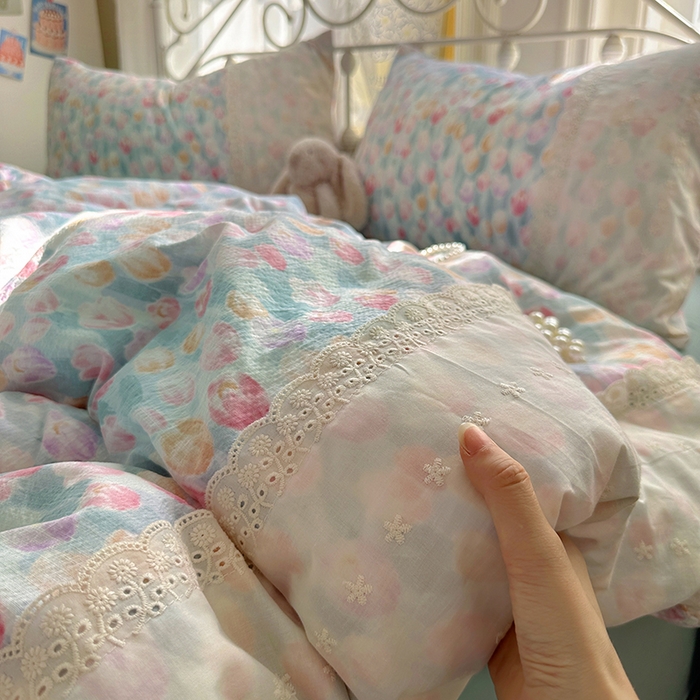 91家纺网 家纺一手货源 找家纺 思诺羽床笠 2025新款A类法式小清新皱皱纱花边蕾丝水洗棉床上四件套宿舍床笠三件套 浓情郁金香