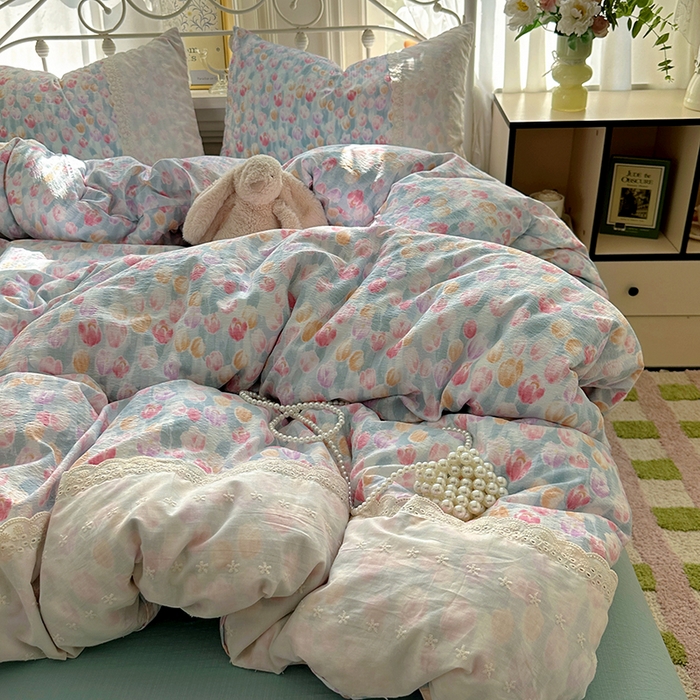 91家纺网 家纺一手货源 找家纺 思诺羽床笠 2025新款A类法式小清新皱皱纱花边蕾丝水洗棉床上四件套宿舍床笠三件套 浓情郁金香