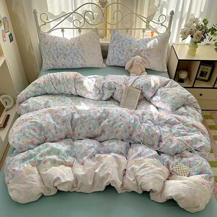 91家纺网 家纺一手货源 找家纺 思诺羽床笠 2025新款A类法式小清新皱皱纱花边蕾丝水洗棉床上四件套宿舍床笠三件套 浓情郁金香