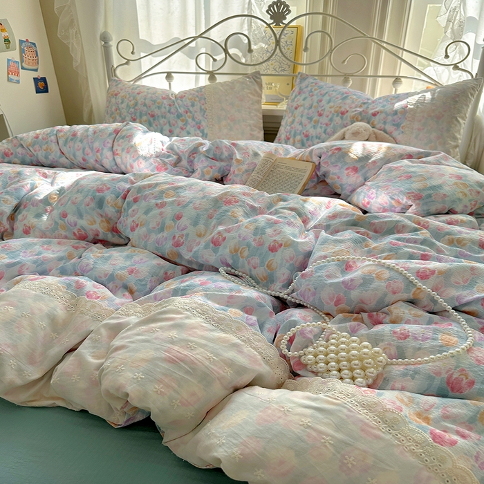 91家纺网 家纺一手货源 找家纺 思诺羽床笠 2025新款A类法式小清新皱皱纱花边蕾丝水洗棉床上四件套宿舍床笠三件套 浓情郁金香