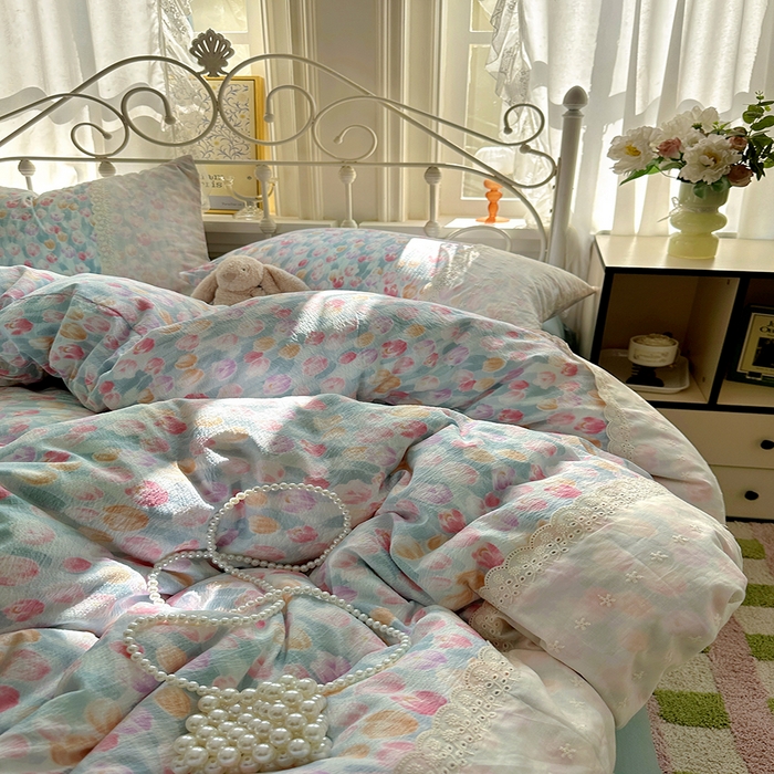 91家纺网 家纺一手货源 找家纺 思诺羽床笠 2025新款A类法式小清新皱皱纱花边蕾丝水洗棉床上四件套宿舍床笠三件套 浓情郁金香