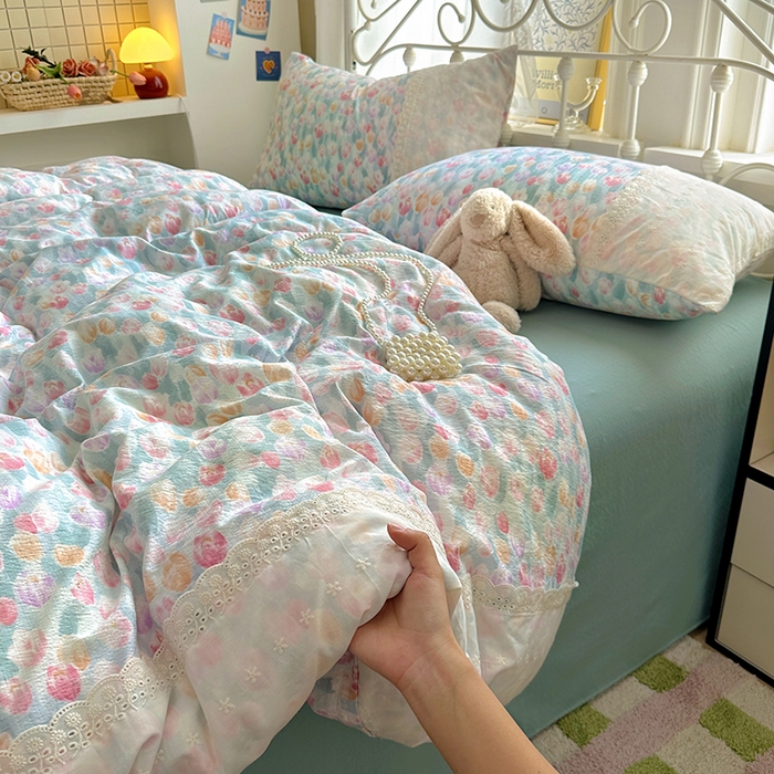 91家纺网 家纺一手货源 找家纺 思诺羽床笠 2025新款A类法式小清新皱皱纱花边蕾丝水洗棉床上四件套宿舍床笠三件套 浓情郁金香