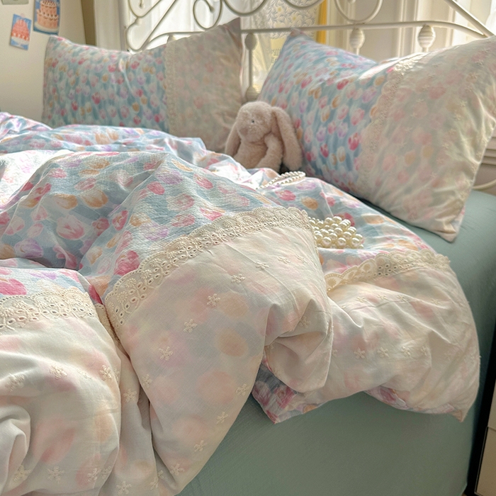 思诺羽床笠 2025新款A类法式小清新皱皱纱花边蕾丝水洗棉床上四件套宿舍床笠三件套 浓情郁金香