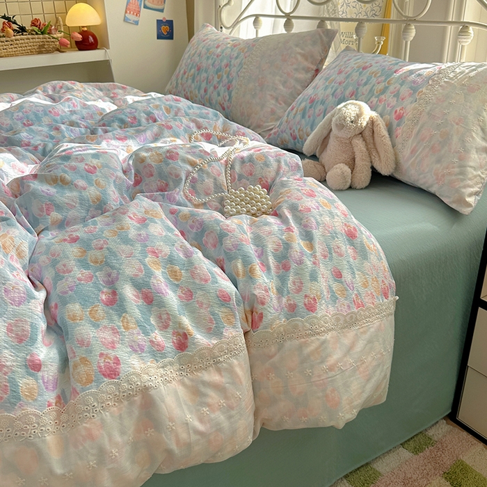 91家纺网 家纺一手货源 找家纺 思诺羽床笠 2025新款A类法式小清新皱皱纱花边蕾丝水洗棉床上四件套宿舍床笠三件套 浓情郁金香