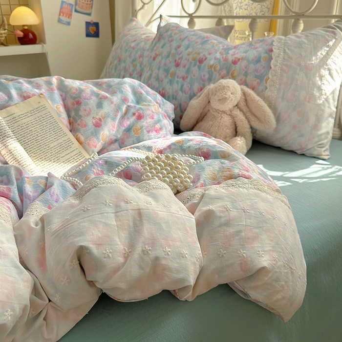 91家纺网 家纺一手货源 找家纺 思诺羽床笠 2025新款A类法式小清新皱皱纱花边蕾丝水洗棉床上四件套宿舍床笠三件套 浓情郁金香