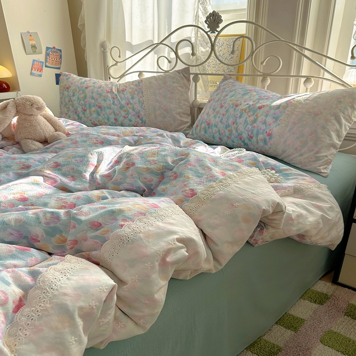 91家纺网 家纺一手货源 找家纺 思诺羽床笠 2025新款A类法式小清新皱皱纱花边蕾丝水洗棉床上四件套宿舍床笠三件套 浓情郁金香