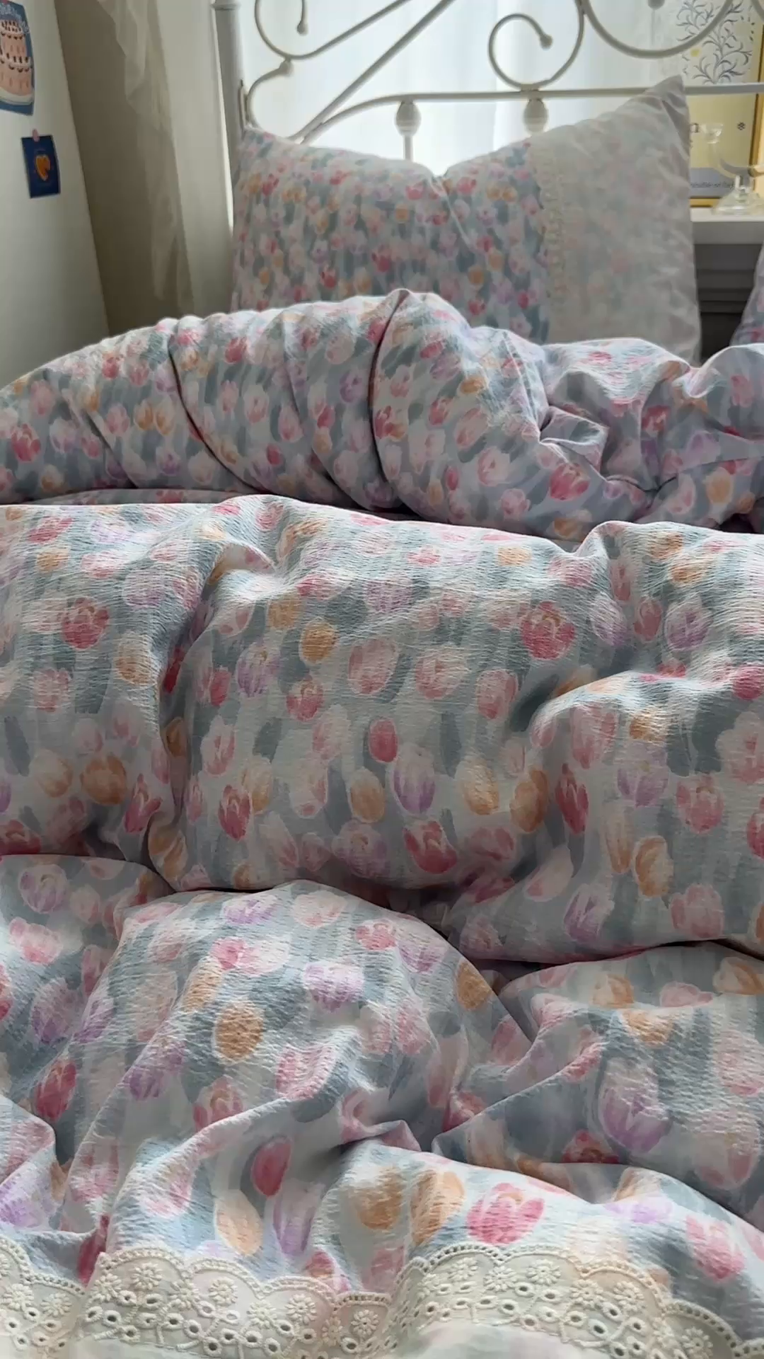 91家纺网 家纺一手货源 找家纺 思诺羽床笠 2025新款A类法式小清新皱皱纱花边蕾丝水洗棉床上四件套宿舍床笠三件套 浓情郁金香