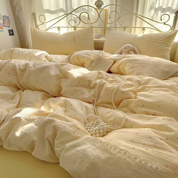 91家纺网 家纺一手货源 找家纺 思诺羽床笠 2025新款A类法式小清新皱皱纱花边蕾丝水洗棉床上四件套宿舍床笠三件套 奶油波点