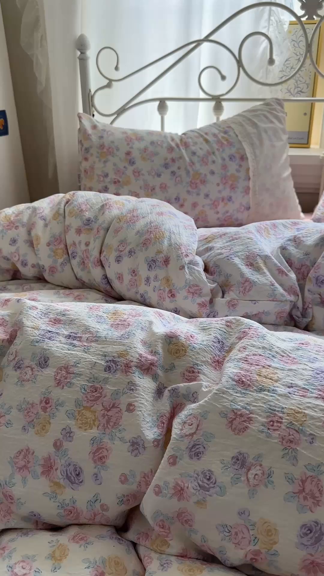 91家纺网 家纺一手货源 找家纺 思诺羽床笠 2025新款A类法式小清新皱皱纱花边蕾丝水洗棉床上四件套宿舍床笠三件套 繁花千朵