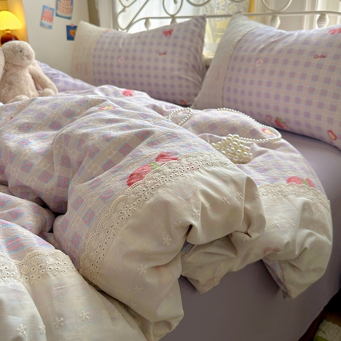 思诺羽床笠 2025新款A类法式小清新皱皱纱花边蕾丝水洗棉床上四件套宿舍床笠三件套 草莓心情