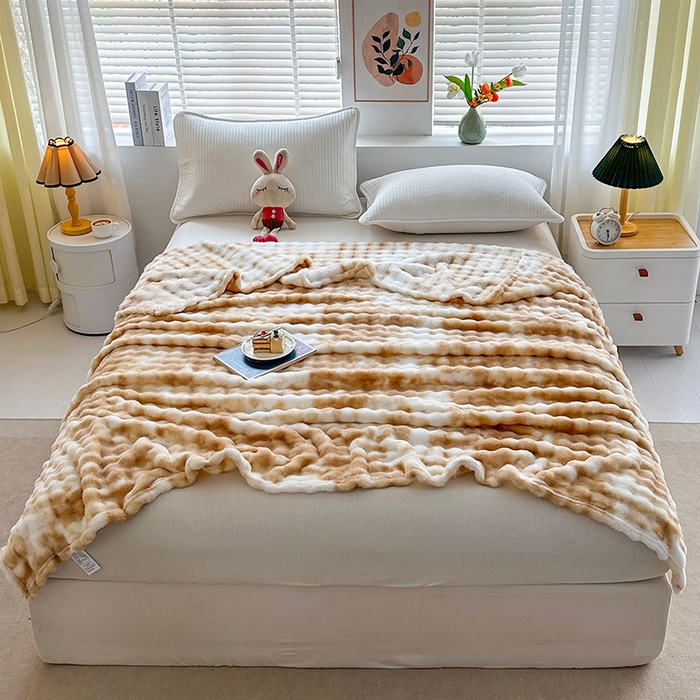 悦织湾家纺 2025新款炫彩仿兔毛绒泡泡绒牛奶绒法兰绒毛毯休闲毯沙发盖毯跨境外贸出口专供 炫彩咖