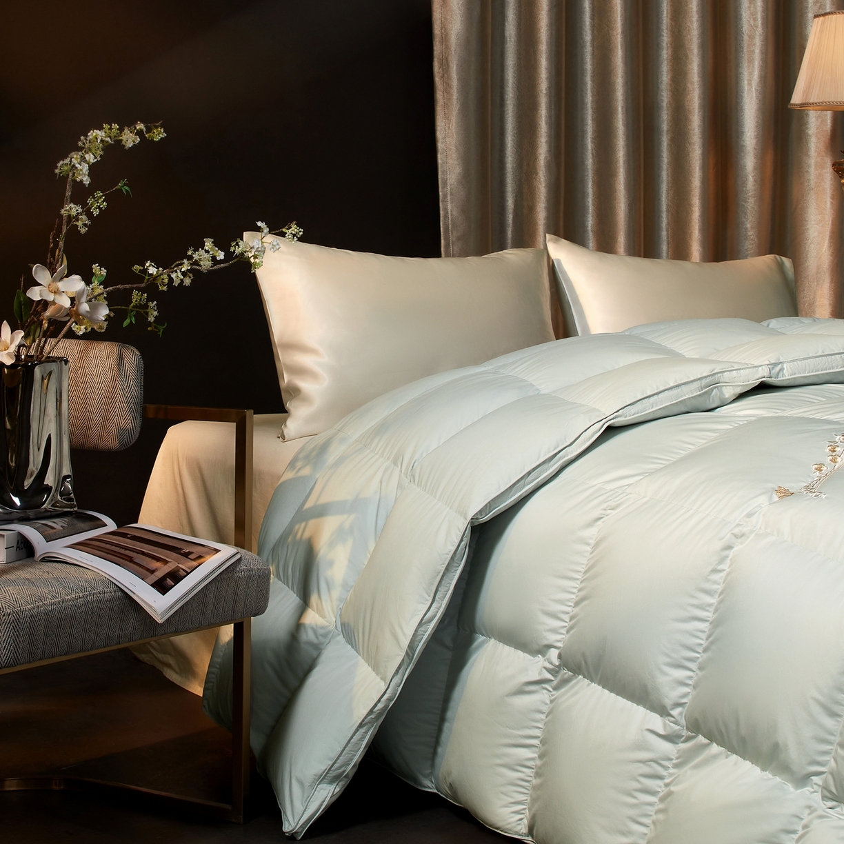 91家纺网 家纺一手货源 找家纺 织梦人羽绒工厂店2025新款羽绒被壳 蝶韵-水绿