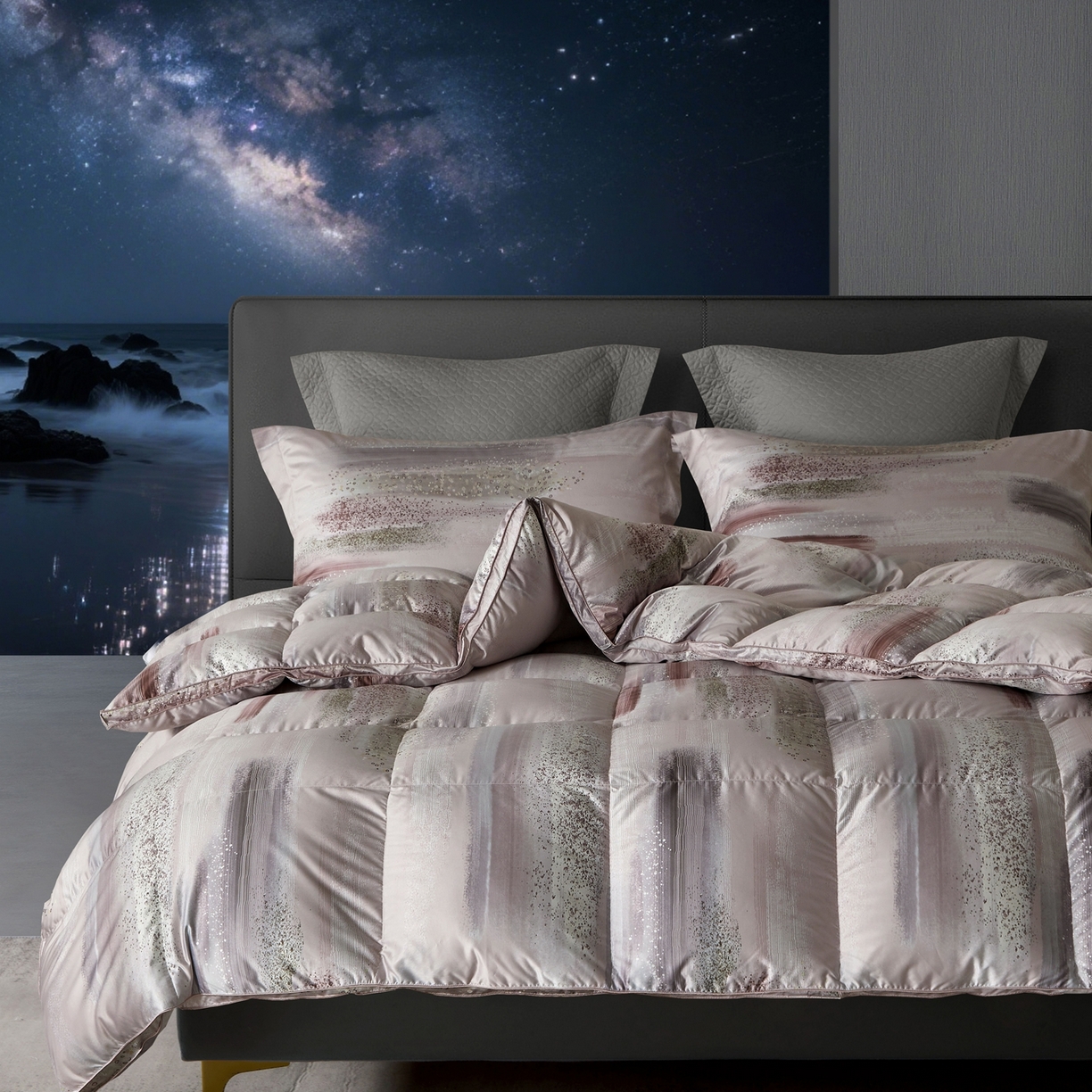 91家纺网 家纺一手货源 找家纺 织梦人羽绒工厂店2025新款羽绒被壳 莫代尔印花-琥珀之光粉