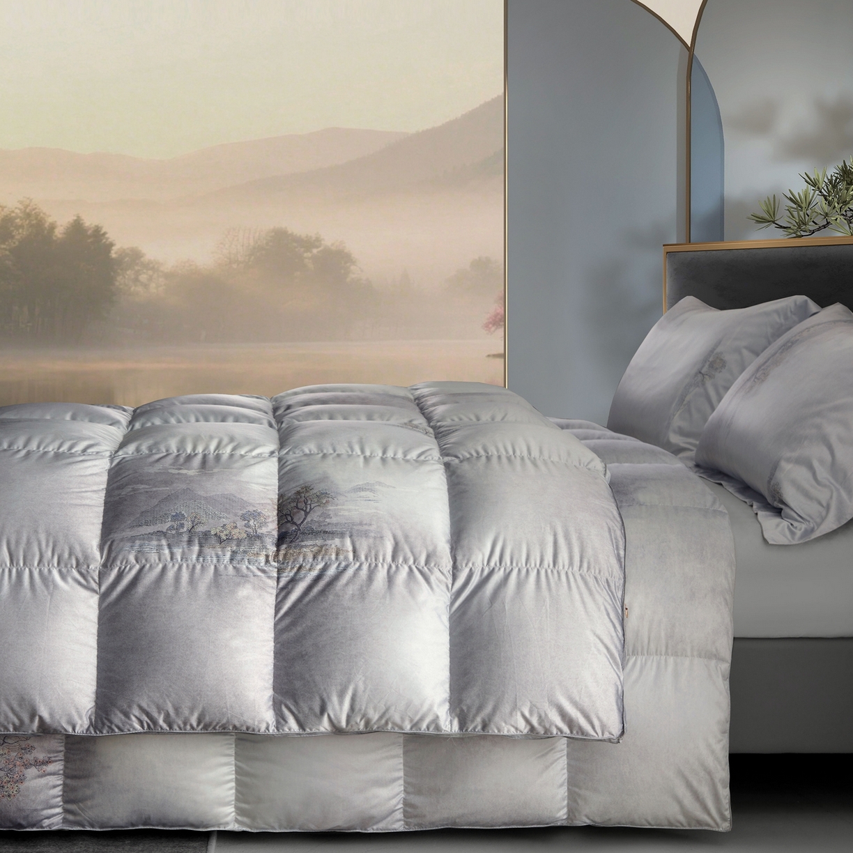 91家纺网 家纺一手货源 找家纺 织梦人羽绒工厂店2025新款羽绒被壳 莫代尔印花-忆江南灰