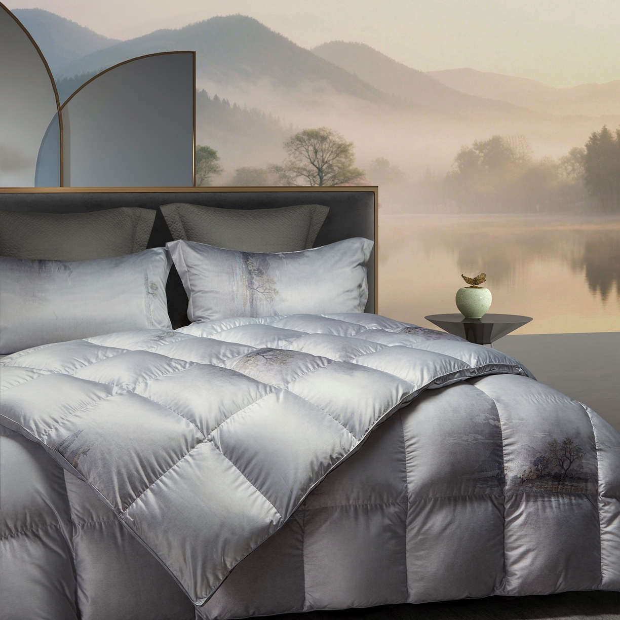 91家纺网 家纺一手货源 找家纺 织梦人羽绒工厂店2025新款羽绒被壳 莫代尔印花-忆江南灰