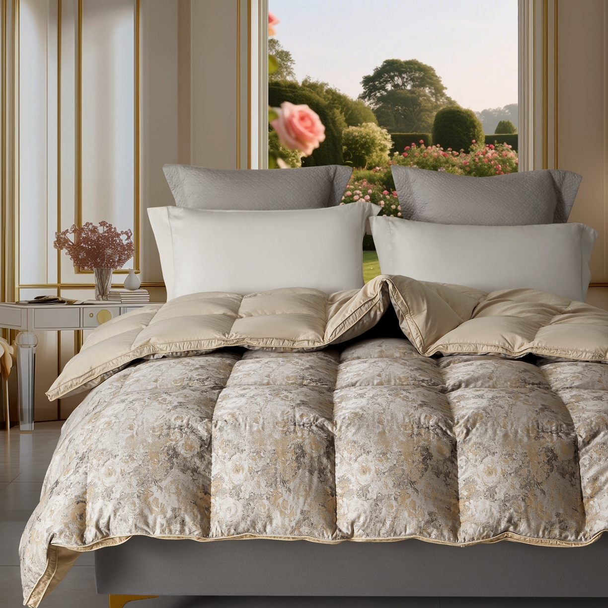 91家纺网 家纺一手货源 找家纺 织梦人羽绒工厂店2025新款羽绒被壳 天丝提花AB版-碧春花语