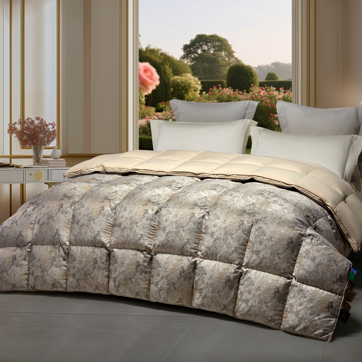 91家纺网 家纺一手货源 找家纺 织梦人羽绒工厂店2025新款羽绒被壳 天丝提花AB版-碧春花语