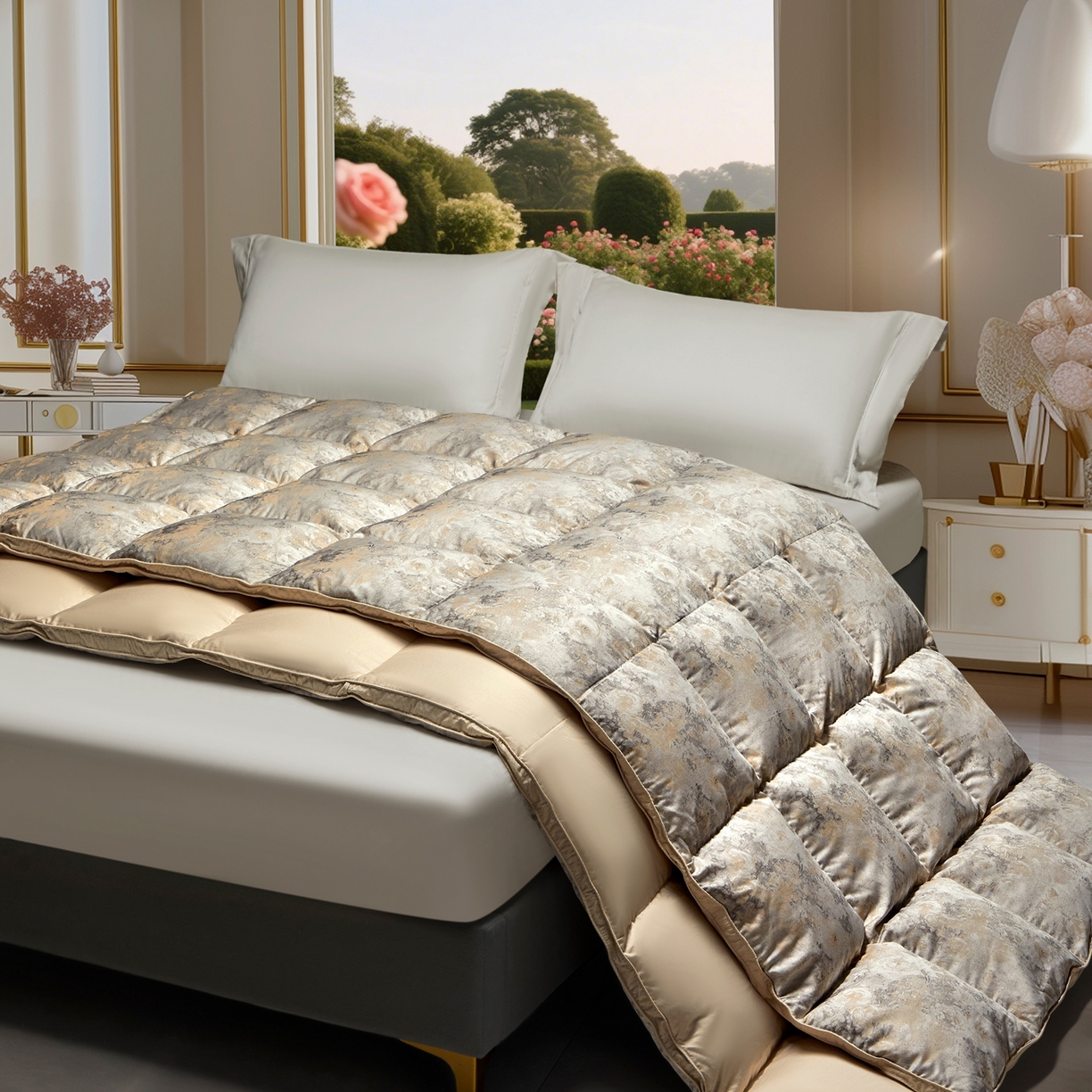 91家纺网 家纺一手货源 找家纺 织梦人羽绒工厂店2025新款羽绒被壳 天丝提花AB版-碧春花语