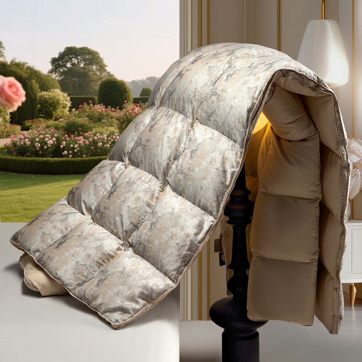 91家纺网 家纺一手货源 找家纺 织梦人羽绒工厂店2025新款羽绒被壳 天丝提花AB版-碧春花语