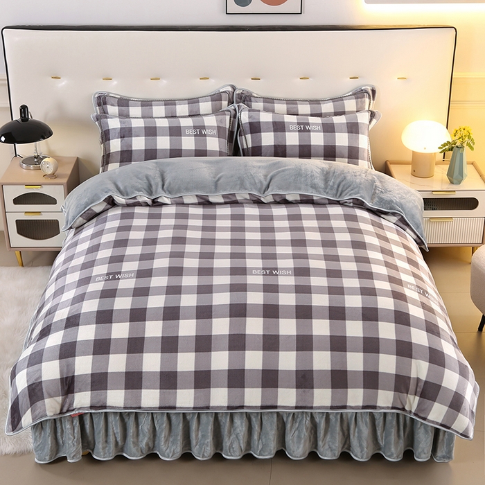 91家纺网 家纺一手货源 找家纺 莱凯家纺 2025新款牛奶绒四件套保暖加厚金貂绒套件 灰小格