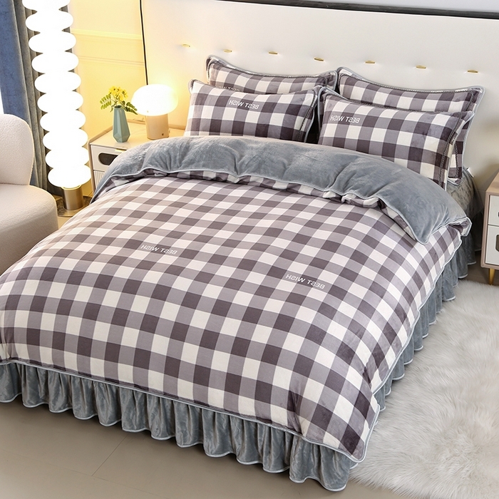 莱凯家纺 2025新款牛奶绒四件套保暖加厚金貂绒套件 灰小格