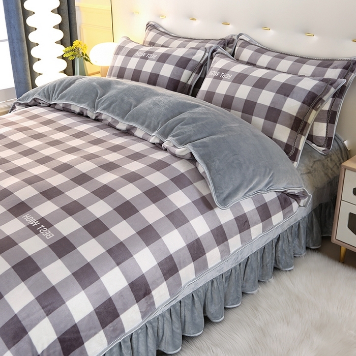 91家纺网 家纺一手货源 找家纺 莱凯家纺 2025新款牛奶绒四件套保暖加厚金貂绒套件 灰小格