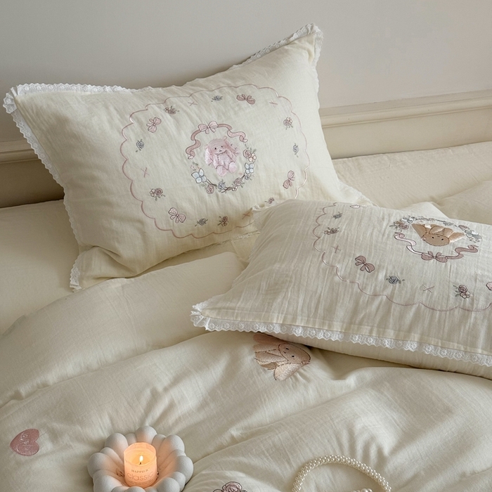 鹿班家居 2025新款全棉纯棉皱皱纱精密刺绣四件套-糯糯奶泡（标准会员-20元） 糯糯奶泡-白色