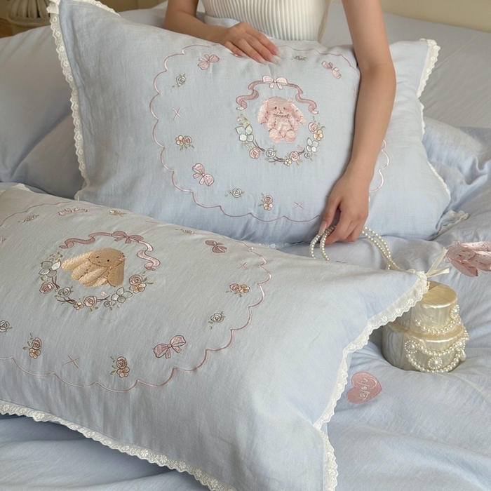 91家纺网 家纺一手货源 找家纺 鹿班家居 2025新款全棉纯棉皱皱纱精密刺绣四件套-糯糯奶泡（标准会员-20元） 糯糯奶泡-蓝色