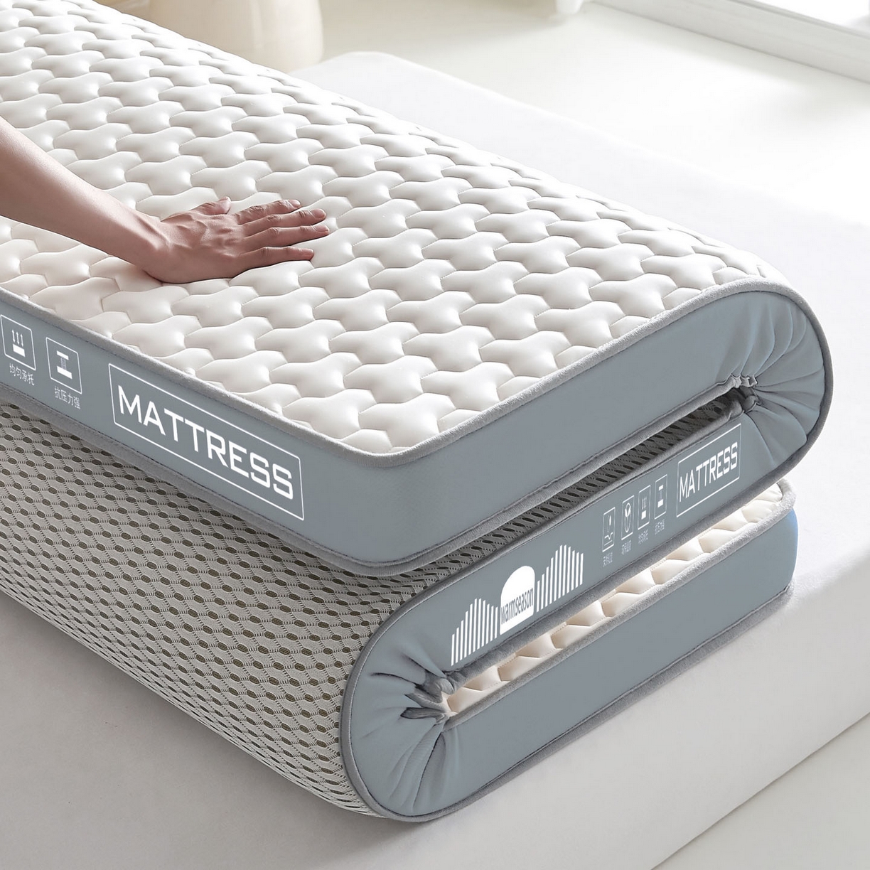 91家纺网 家纺一手货源 找家纺 暖季家纺 暖季家纺 2025新款立体三菱格海绵床垫-成人款 立体海绵灰-三棱格白